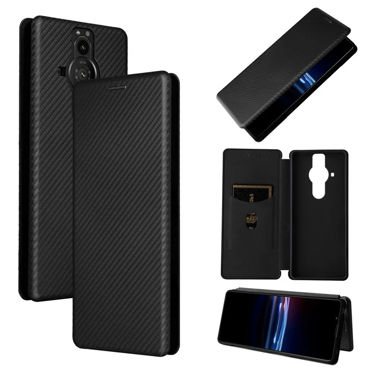 For Sony Xperia Pro-I Ring Strap Carbon Fiber Texture Case Well-protected Auto-absorbed Magnetic Closure Leather Phone Cover with Stand - Black