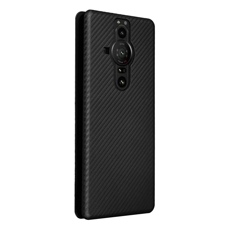 For Sony Xperia Pro-I Ring Strap Carbon Fiber Texture Case Well-protected Auto-absorbed Magnetic Closure Leather Phone Cover with Stand - Black