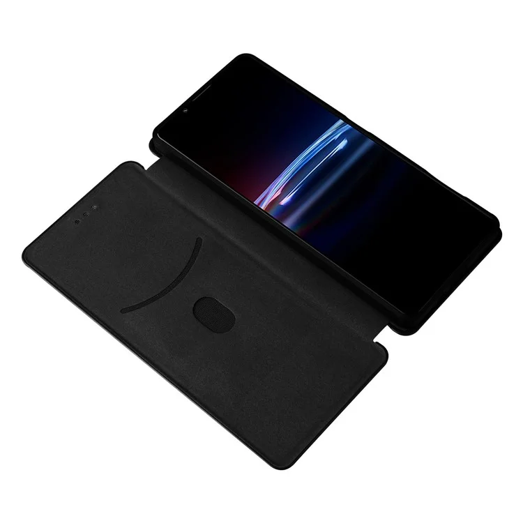Para Sony Xperia Pro-I Correa de Anillo Funda de Textura de Fibra de Carbono Bien Protegida Cierre Magnético Absorbido Automáticamente Cubierta de Teléfono de Cuero con Soporte - Negro