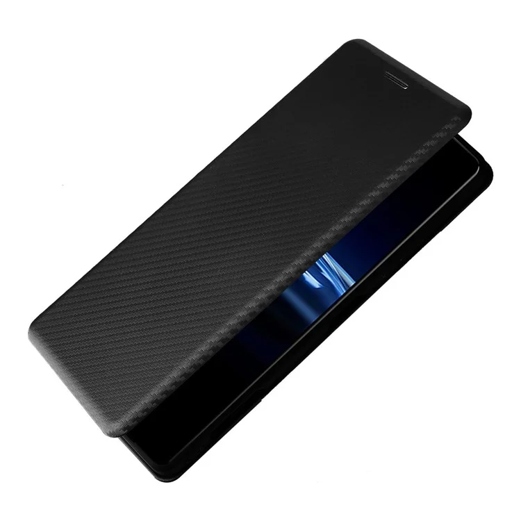 Para Sony Xperia Pro-I Correa de Anillo Funda de Textura de Fibra de Carbono Bien Protegida Cierre Magnético Absorbido Automáticamente Cubierta de Teléfono de Cuero con Soporte - Negro