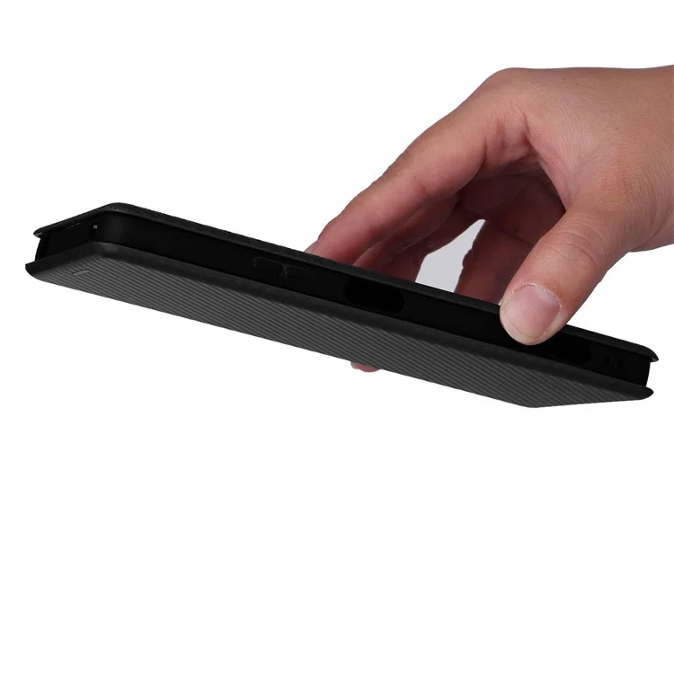 Para Sony Xperia Pro-I Correa de Anillo Funda de Textura de Fibra de Carbono Bien Protegida Cierre Magnético Absorbido Automáticamente Cubierta de Teléfono de Cuero con Soporte - Negro