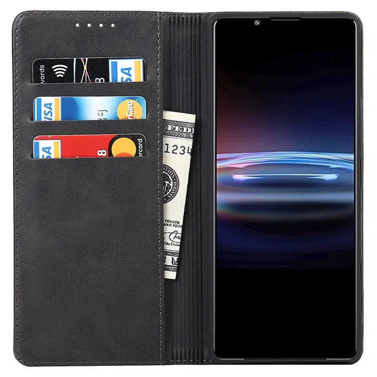 For Sony Xperia Pro-I Auto-absorbed TPU+PU Leather Phone Protective Cover Wallet Stand Function Phone Case - Black