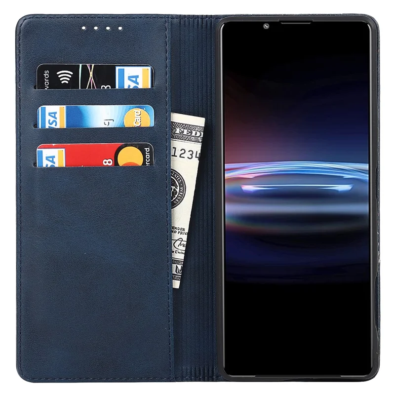 Voor Sony Xperia Pro-I Auto-aangetrokken TPU+PU Leren Telefoonbeschermer Portemonnee Standfunctie Telefoonhoesje - Donkerblauw
