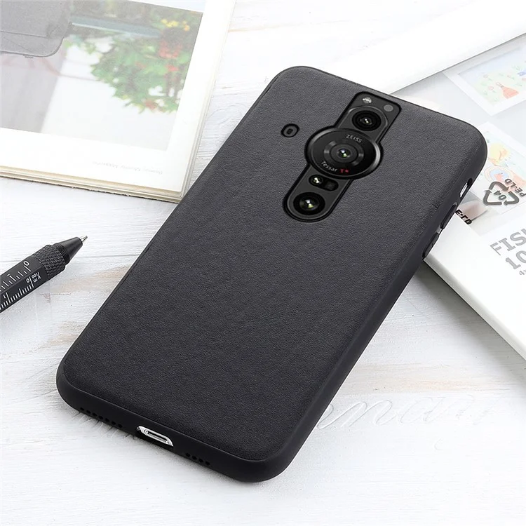 Textured Genuine Leather Coated PC + TPU Mobile Phone Case Protective Cover for Sony Xperia Pro-I - Black