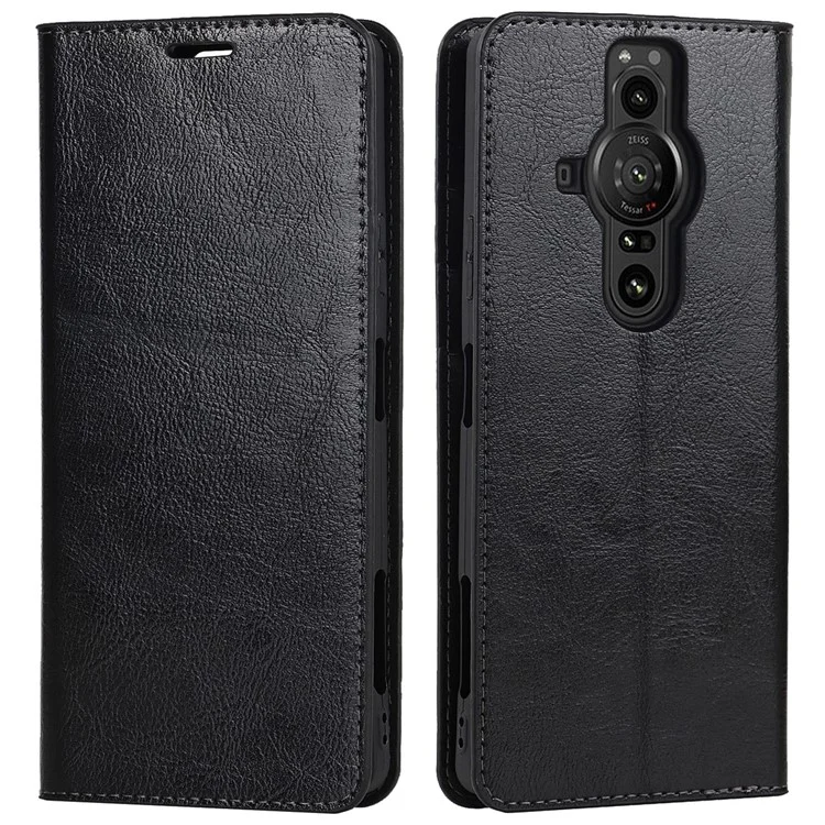 Funda de piel genuina con textura de caballo loco, protección total de pie, cartera y estuche para teléfono para Sony Xperia Pro-I - Negro