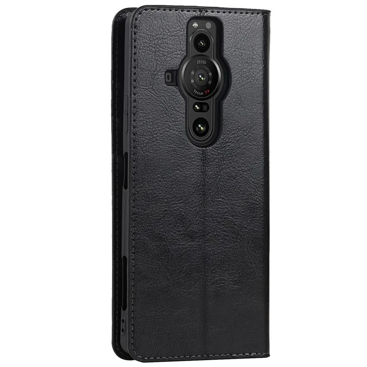Funda de piel genuina con textura de caballo loco, protección total de pie, cartera y estuche para teléfono para Sony Xperia Pro-I - Negro