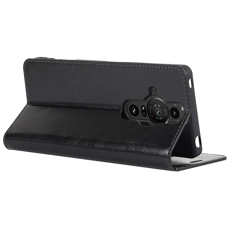 Funda de piel genuina con textura de caballo loco, protección total de pie, cartera y estuche para teléfono para Sony Xperia Pro-I - Negro