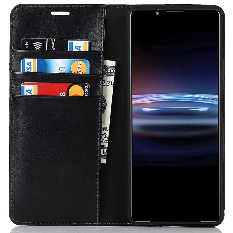 Funda de piel genuina con textura de caballo loco, protección total de pie, cartera y estuche para teléfono para Sony Xperia Pro-I - Negro