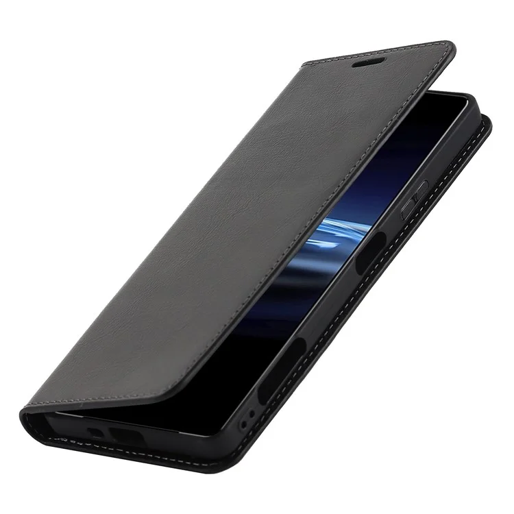Funda de piel genuina con textura de caballo loco, protección total de pie, cartera y estuche para teléfono para Sony Xperia Pro-I - Negro