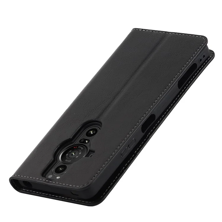 Funda de piel genuina con textura de caballo loco, protección total de pie, cartera y estuche para teléfono para Sony Xperia Pro-I - Negro