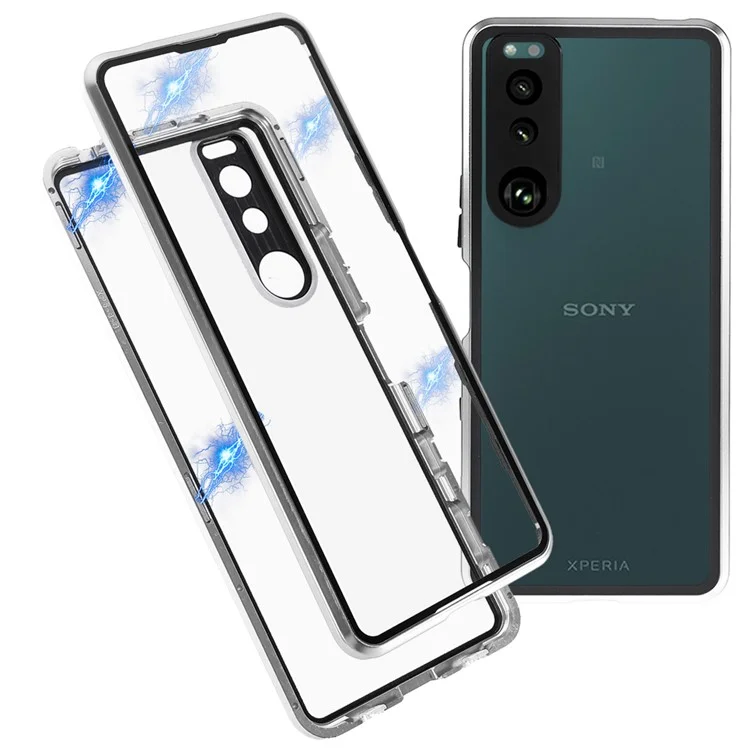 Moldura de Metal + Vidro Temperado + PC Capa de Fechamento Magnético Para Sony Xperia 5 III 5G - Prata