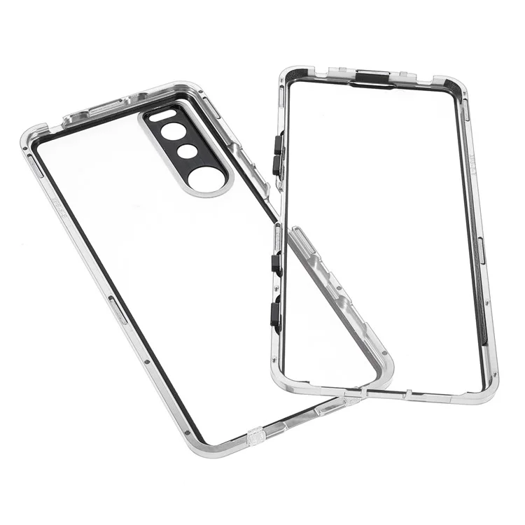 Moldura de Metal + Vidro Temperado + PC Capa de Fechamento Magnético Para Sony Xperia 5 III 5G - Prata