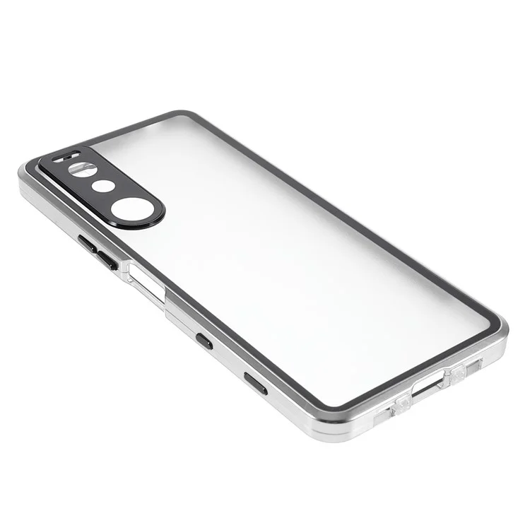 Moldura de Metal + Vidro Temperado + PC Capa de Fechamento Magnético Para Sony Xperia 5 III 5G - Prata