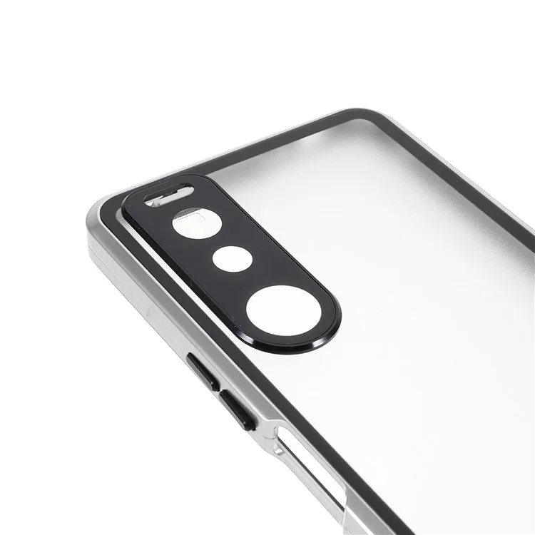 Moldura de Metal + Vidro Temperado + PC Capa de Fechamento Magnético Para Sony Xperia 5 III 5G - Prata