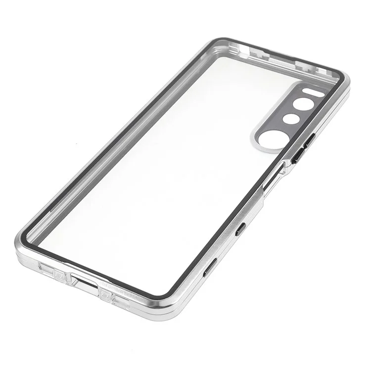 Moldura de Metal + Vidro Temperado + PC Capa de Fechamento Magnético Para Sony Xperia 5 III 5G - Prata