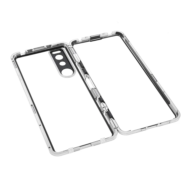 Moldura de Metal + Vidro Temperado + PC Capa de Fechamento Magnético Para Sony Xperia 5 III 5G - Prata