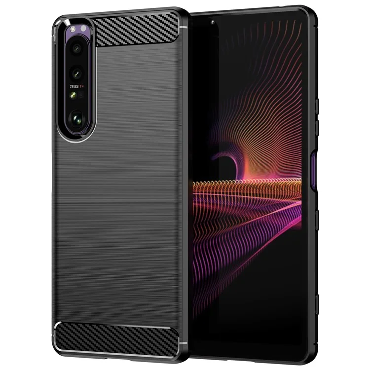 Custodia in TPU da 1,8 mm con texture in fibra di carbonio, lavorazione fine, superficie spazzolata, cover pieghevole per Sony Xperia 1 III 5G - Nero