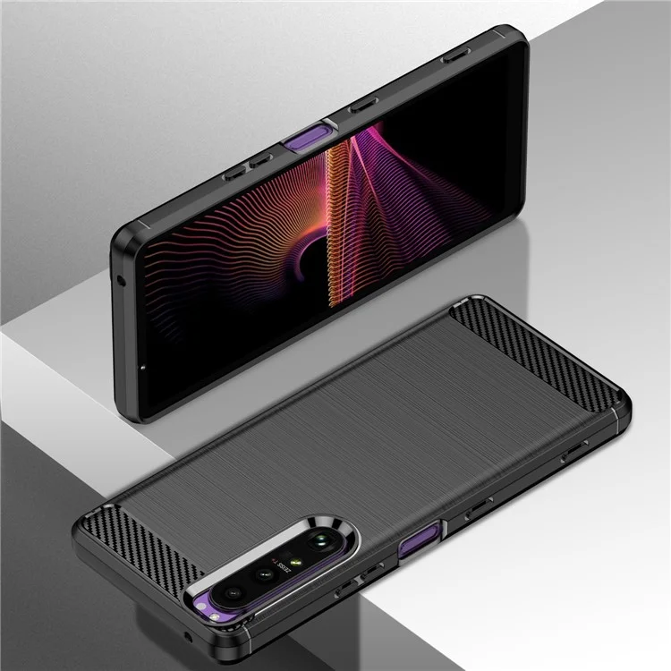Custodia in TPU da 1,8 mm con texture in fibra di carbonio, lavorazione fine, superficie spazzolata, cover pieghevole per Sony Xperia 1 III 5G - Nero