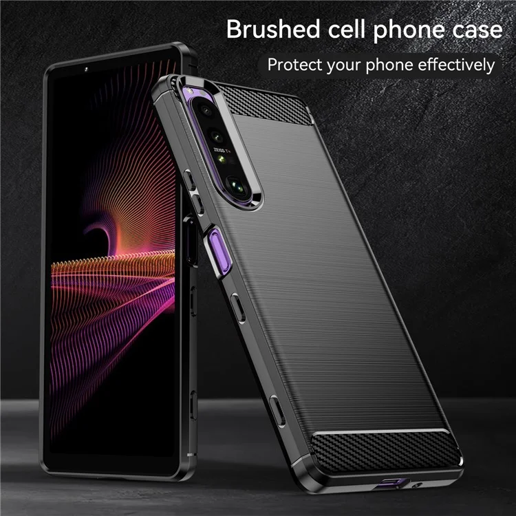 Custodia in TPU da 1,8 mm con texture in fibra di carbonio, lavorazione fine, superficie spazzolata, cover pieghevole per Sony Xperia 1 III 5G - Nero