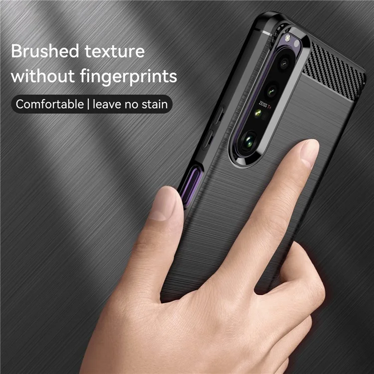 Custodia in TPU da 1,8 mm con texture in fibra di carbonio, lavorazione fine, superficie spazzolata, cover pieghevole per Sony Xperia 1 III 5G - Nero