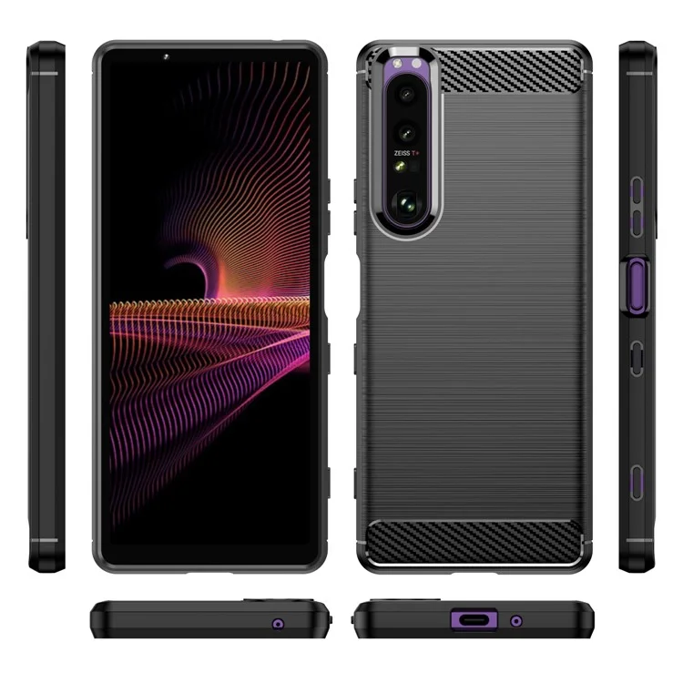 Custodia in TPU da 1,8 mm con texture in fibra di carbonio, lavorazione fine, superficie spazzolata, cover pieghevole per Sony Xperia 1 III 5G - Nero