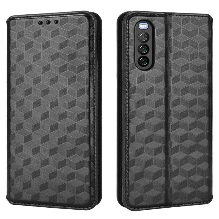 Per Sony Xperia 10 III 5G/Xperia 10 III Lite Supporto regolabile Custodia con stampa a rombo Chiusura magnetica Antigraffio Custodia in pelle PU Antiurto Custodia per telefono cellulare - Nero