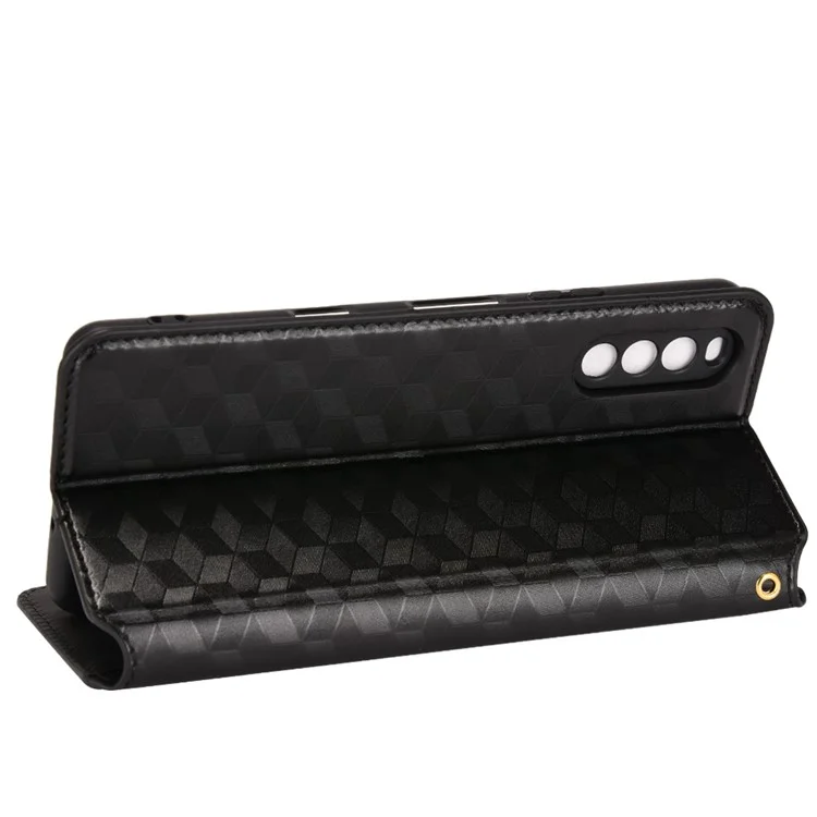 Per Sony Xperia 10 III 5G/Xperia 10 III Lite Supporto regolabile Custodia con stampa a rombo Chiusura magnetica Antigraffio Custodia in pelle PU Antiurto Custodia per telefono cellulare - Nero