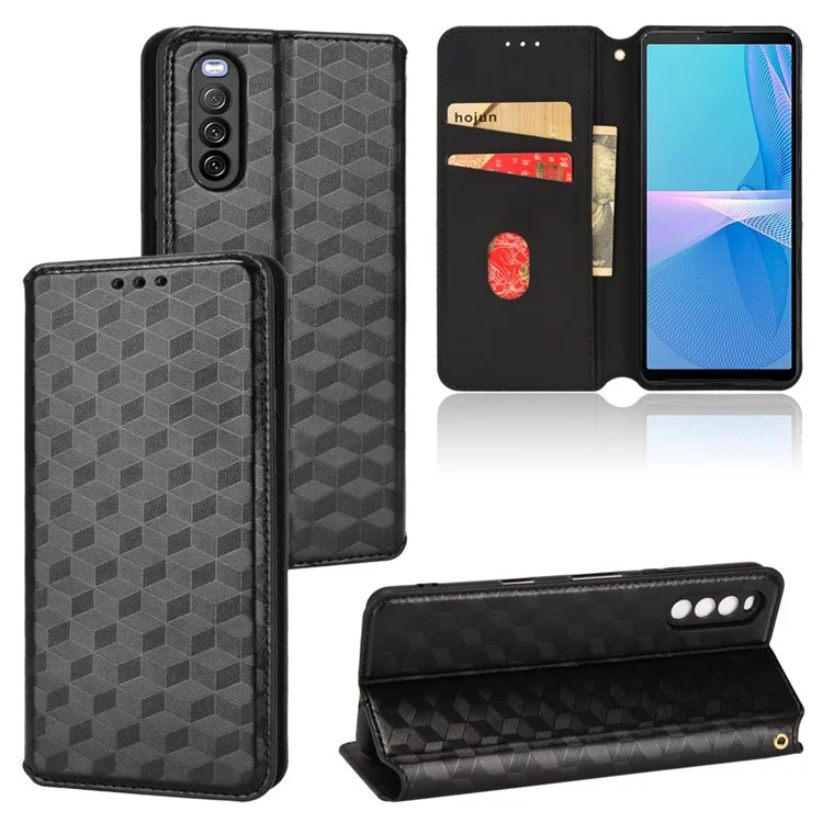 Per Sony Xperia 10 III 5G/Xperia 10 III Lite Supporto regolabile Custodia con stampa a rombo Chiusura magnetica Antigraffio Custodia in pelle PU Antiurto Custodia per telefono cellulare - Nero