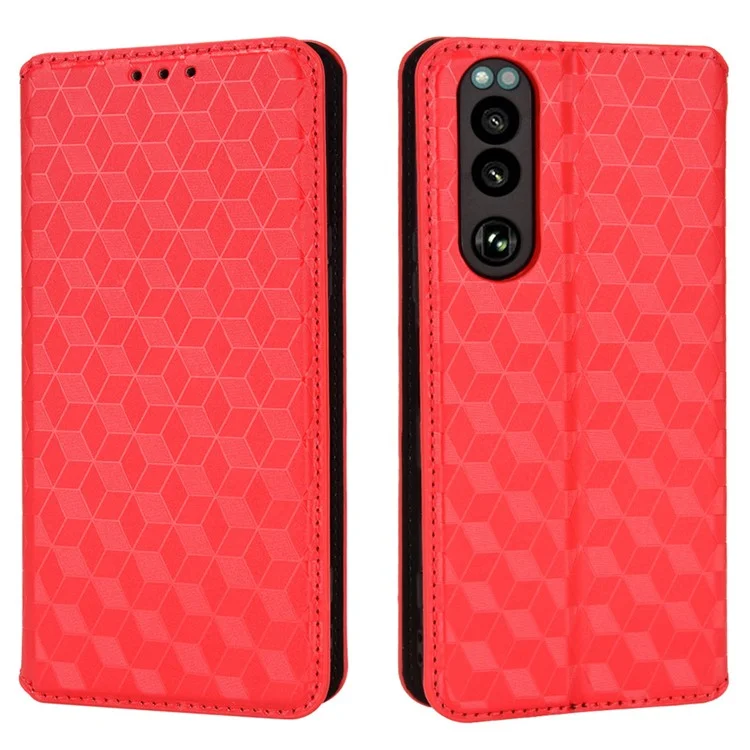 Per Sony Xperia 5 III 5G Rhombus Imprinted PU Leather Flip Case Stand Magnetic Absorption Wallet Folio Soft TPU Bumper Protective Cover - Rosso