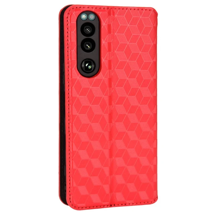Per Sony Xperia 5 III 5G Rhombus Imprinted PU Leather Flip Case Stand Magnetic Absorption Wallet Folio Soft TPU Bumper Protective Cover - Rosso