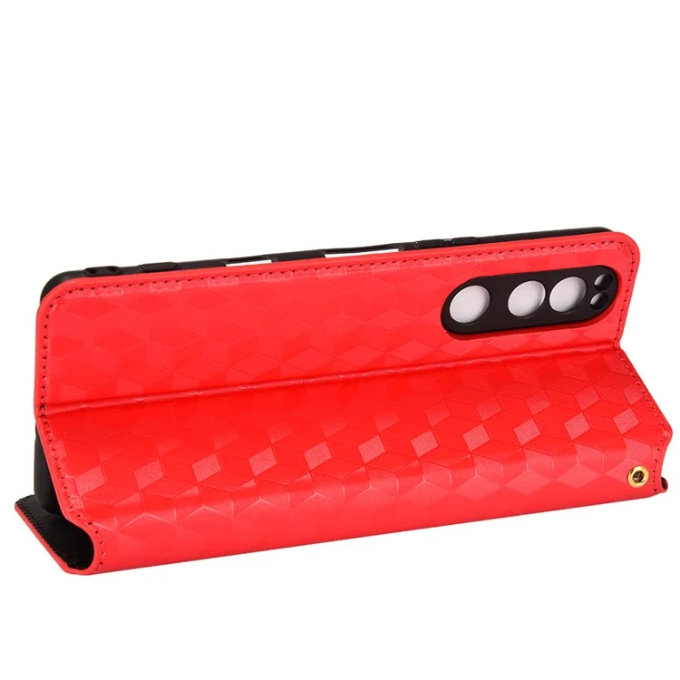Per Sony Xperia 5 III 5G Rhombus Imprinted PU Leather Flip Case Stand Magnetic Absorption Wallet Folio Soft TPU Bumper Protective Cover - Rosso