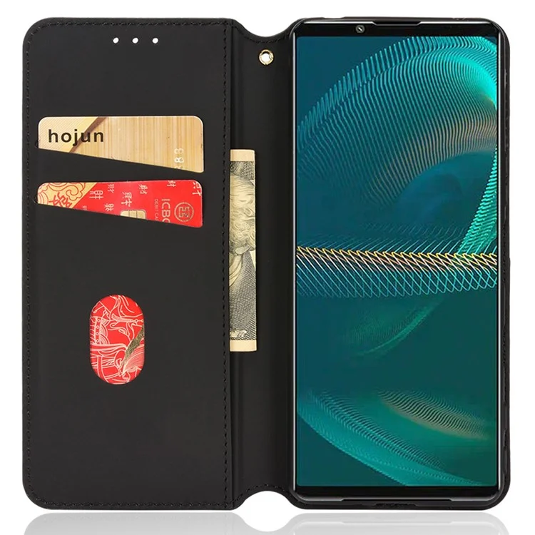 Per Sony Xperia 5 III 5G Rhombus Imprinted PU Leather Flip Case Stand Magnetic Absorption Wallet Folio Soft TPU Bumper Protective Cover - Rosso