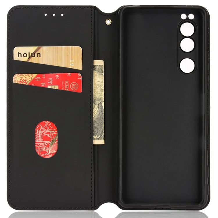 Per Sony Xperia 5 III 5G Rhombus Imprinted PU Leather Flip Case Stand Magnetic Absorption Wallet Folio Soft TPU Bumper Protective Cover - Rosso