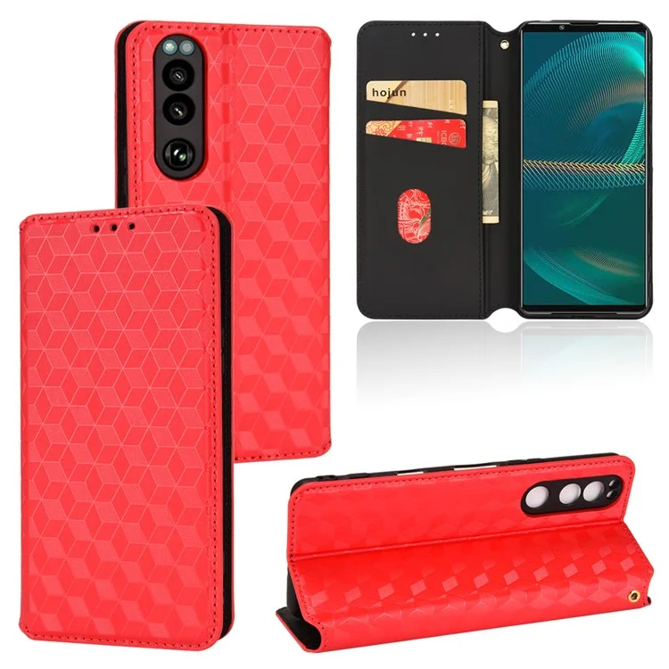 Per Sony Xperia 5 III 5G Rhombus Imprinted PU Leather Flip Case Stand Magnetic Absorption Wallet Folio Soft TPU Bumper Protective Cover - Rosso