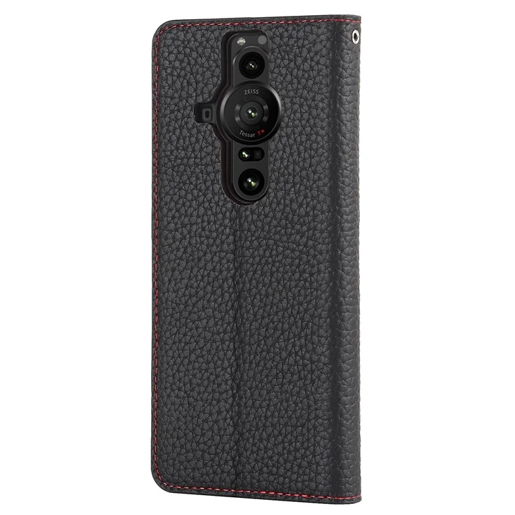 Para Sony Xperia Pro-I Protección corporal completa Textura de piel de zapa Funda de cuero genuino Cartera Soporte Tapa con correa - Negro