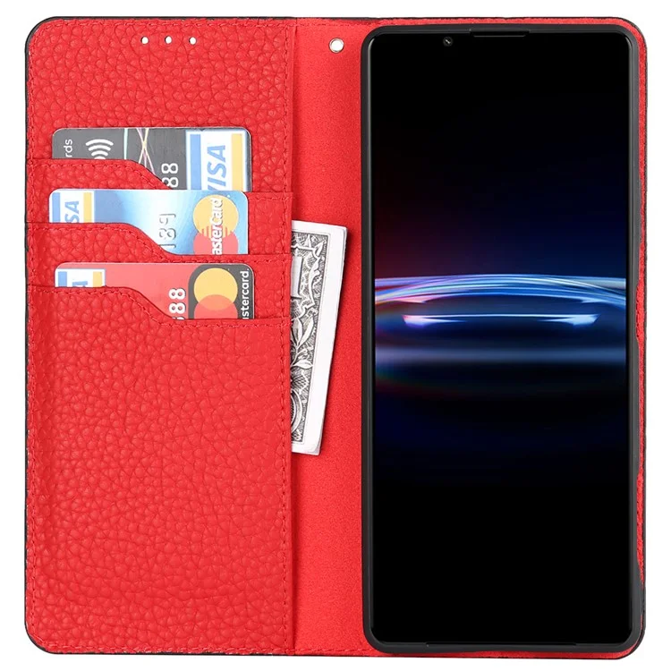 Para Sony Xperia Pro-I Protección corporal completa Textura de piel de zapa Funda de cuero genuino Cartera Soporte Tapa con correa - Negro