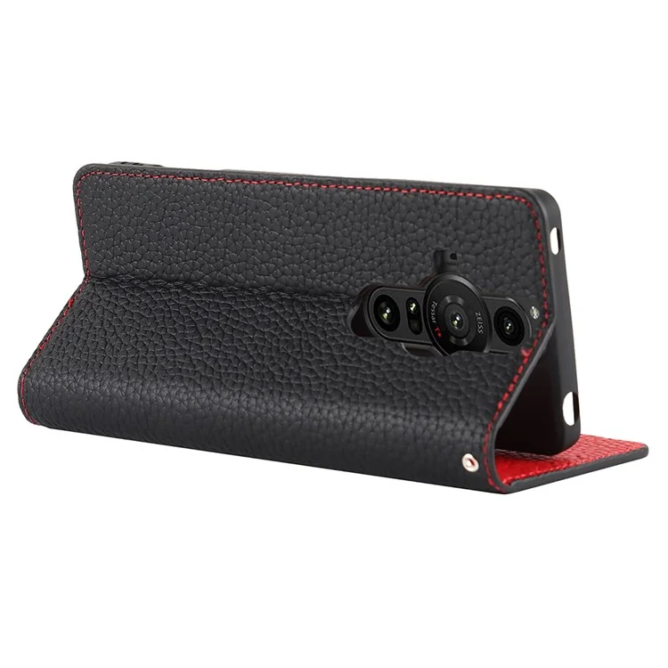 Para Sony Xperia Pro-I Protección corporal completa Textura de piel de zapa Funda de cuero genuino Cartera Soporte Tapa con correa - Negro