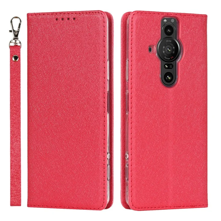 Para Sony Xperia Pro-I PU Caso de Absorción Magnética de Cuero Textura de Seda de Seda Flip Folio Folio Willet Con Correa - Rojo