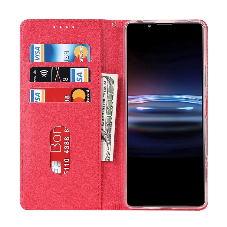 Para Sony Xperia Pro-I PU Caso de Absorción Magnética de Cuero Textura de Seda de Seda Flip Folio Folio Willet Con Correa - Rojo