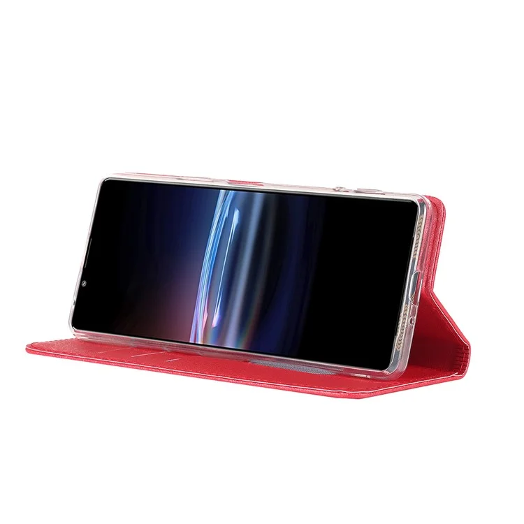 Für Sony Xperia Pro-I PU Leder Magnetabsorption Hülle Seiden Textur Vollschutz Stand Flip Folio Brieftasche Abdeckung Mit Riemen - Rot