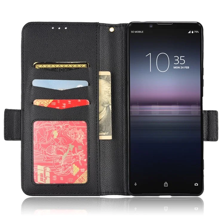 Para Sony Xperia 1 II Litchi Textura PU Catura de Catura de Catura Tape Anti-race - Preto