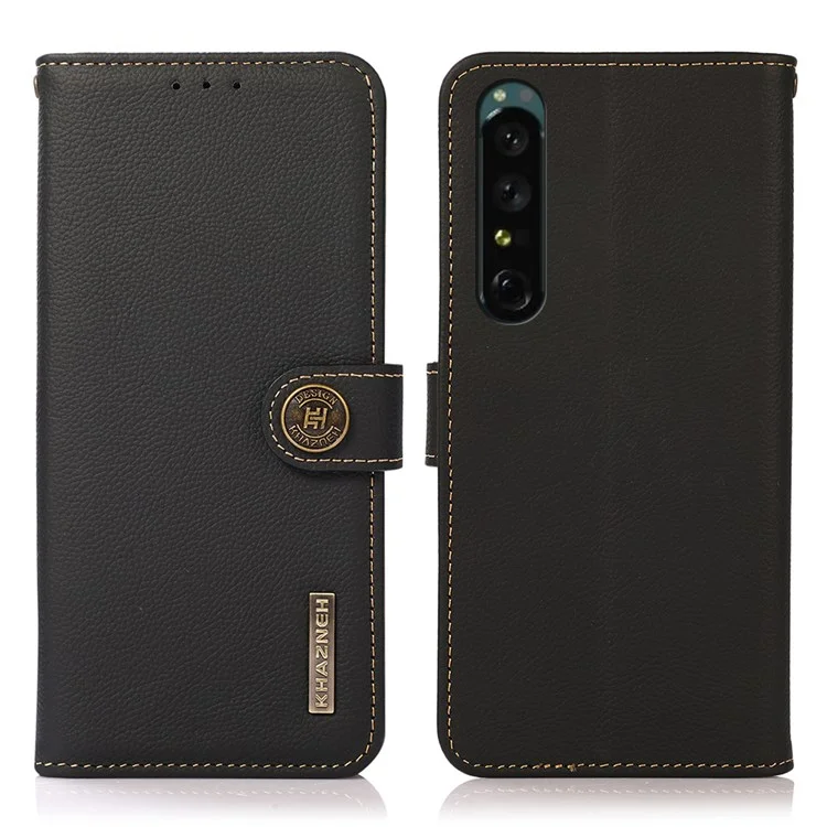 KHAZNEH für Sony Xperia 1 IV Echtes Leder Wallet Case Stoßfeste TPU-Sichthalterung RFID-Blockierung Magnetischer Schutzhülle - Schwarz