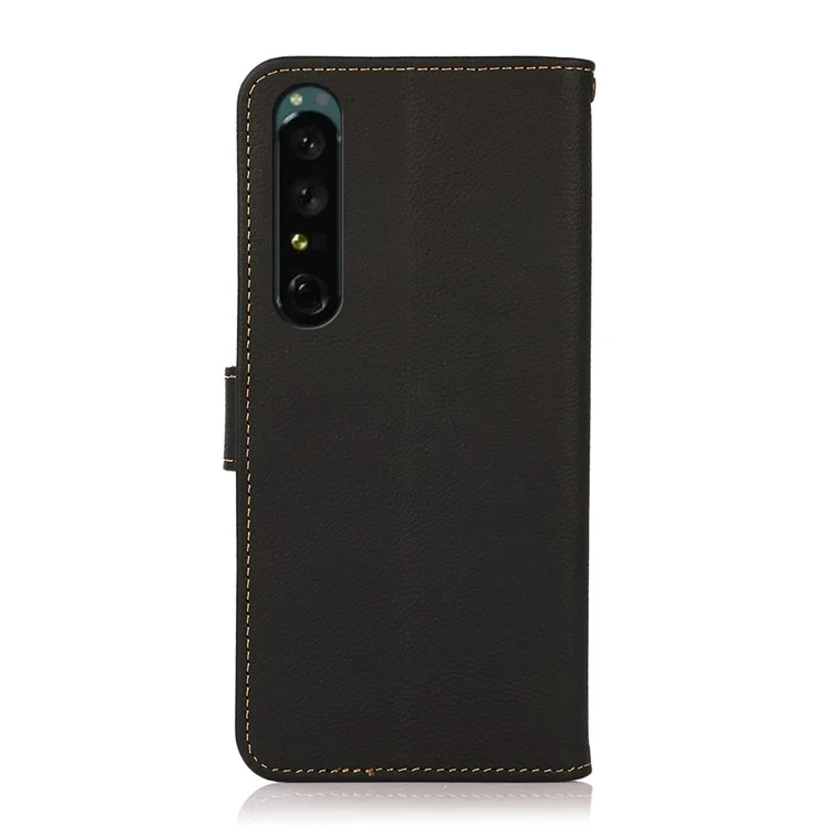 KHAZNEH für Sony Xperia 1 IV Echtes Leder Wallet Case Stoßfeste TPU-Sichthalterung RFID-Blockierung Magnetischer Schutzhülle - Schwarz