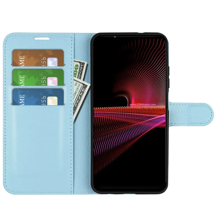 Bolsa de Portada de Teléfonos Inteligentes de Cuero PU Para Sony Xperia 1 IV, Billetera Anti-scratch Litchi Texture Stand Function Estuche a Prueba de Polvo - Azul