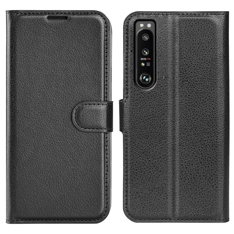 Étui de protection en cuir PU pour Sony Xperia 1 IV, portefeuille anti-rayures, texture de peau de litchi, fonction de support de téléphone, étui anti-poussière - noir