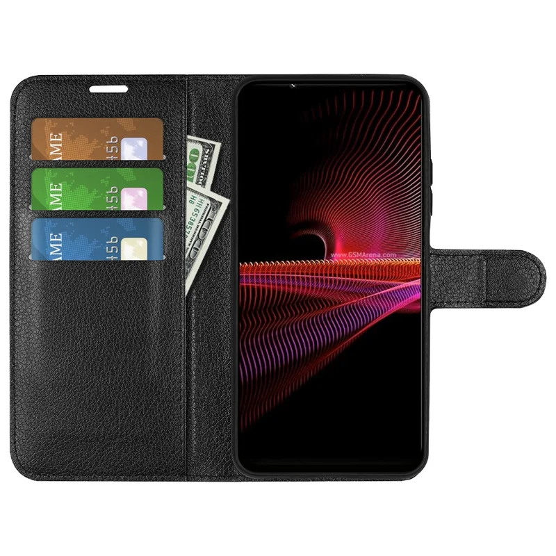 Étui de protection en cuir PU pour Sony Xperia 1 IV, portefeuille anti-rayures, texture de peau de litchi, fonction de support de téléphone, étui anti-poussière - noir