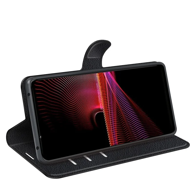 Étui de protection en cuir PU pour Sony Xperia 1 IV, portefeuille anti-rayures, texture de peau de litchi, fonction de support de téléphone, étui anti-poussière - noir