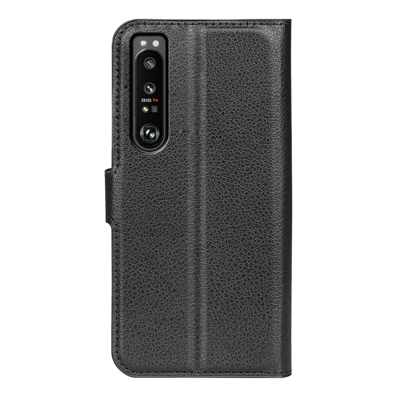 Étui de protection en cuir PU pour Sony Xperia 1 IV, portefeuille anti-rayures, texture de peau de litchi, fonction de support de téléphone, étui anti-poussière - noir