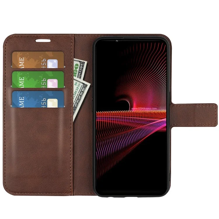 For Sony Xperia 1 IV Anti-scratch Textured PU Leather Shell Adjustable Stand Magnetic Closing Wallet Case - Brown