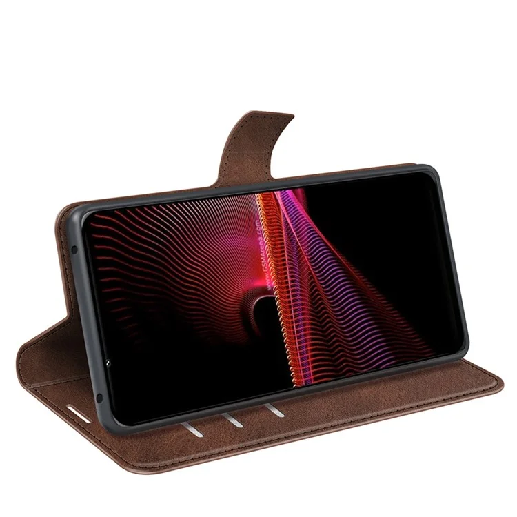 For Sony Xperia 1 IV Anti-scratch Textured PU Leather Shell Adjustable Stand Magnetic Closing Wallet Case - Brown